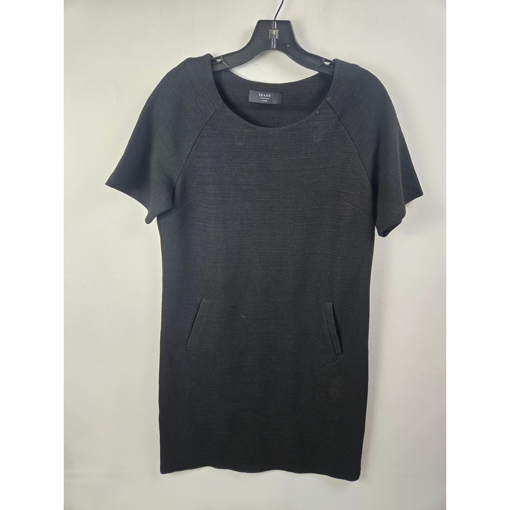 Brass Knit Short Sleeve Sweater Dress Womens Large Black Pocket Dark Academia